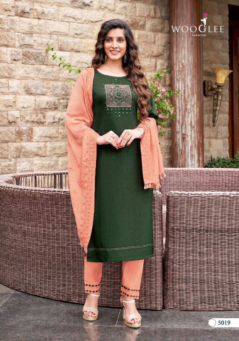Wooglee Destiny Vol 3 Nylon Viscose Fancy Stylish Festive Wear Embroidered Kurtis With Set Of Dupatta & Bottom
