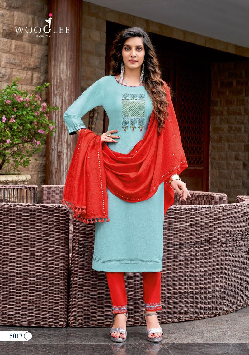 Wooglee Destiny Vol 3 Nylon Viscose Fancy Stylish Festive Wear Embroidered Kurtis With Set Of Dupatta & Bottom