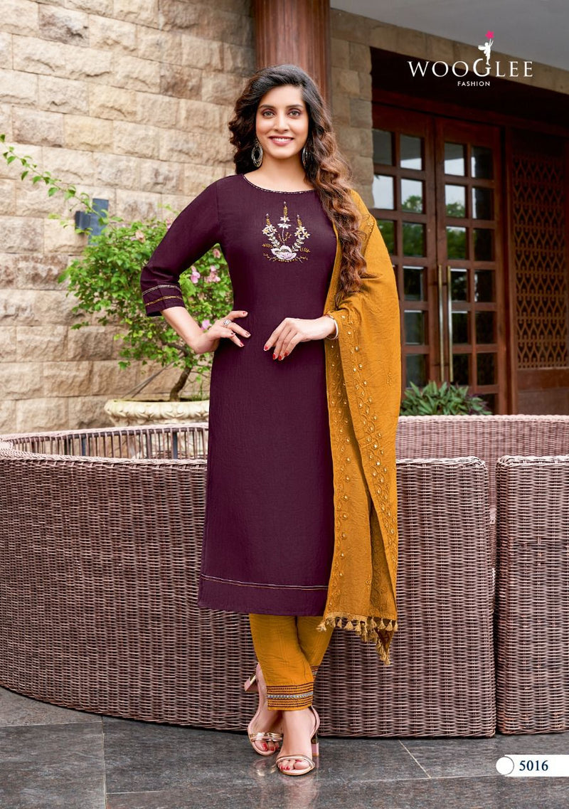 Wooglee Destiny Vol 3 Nylon Viscose Fancy Stylish Festive Wear Embroidered Kurtis With Set Of Dupatta & Bottom