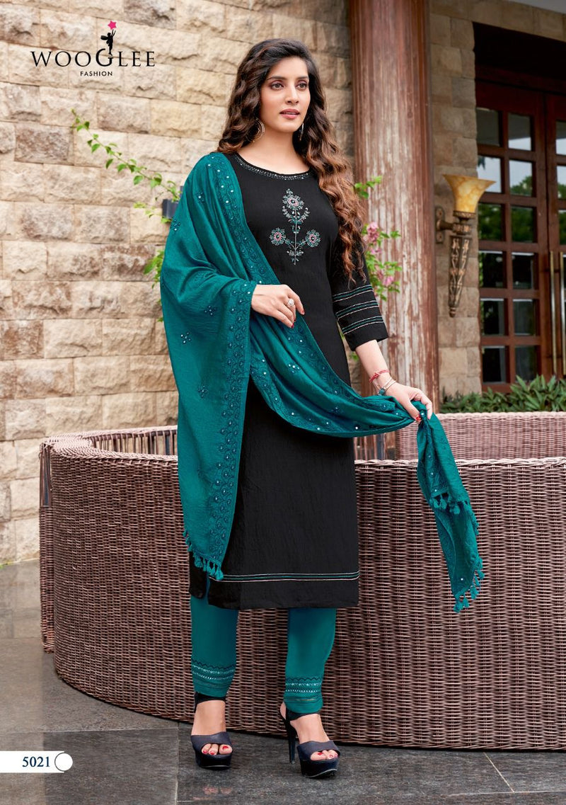 Wooglee Destiny Vol 3 Nylon Viscose Fancy Stylish Festive Wear Embroidered Kurtis With Set Of Dupatta & Bottom