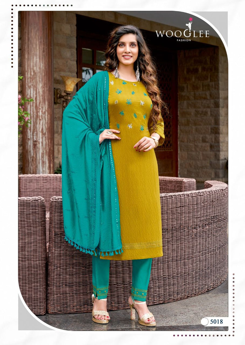 Wooglee Destiny Vol 3 Nylon Viscose Fancy Stylish Festive Wear Embroidered Kurtis With Set Of Dupatta & Bottom