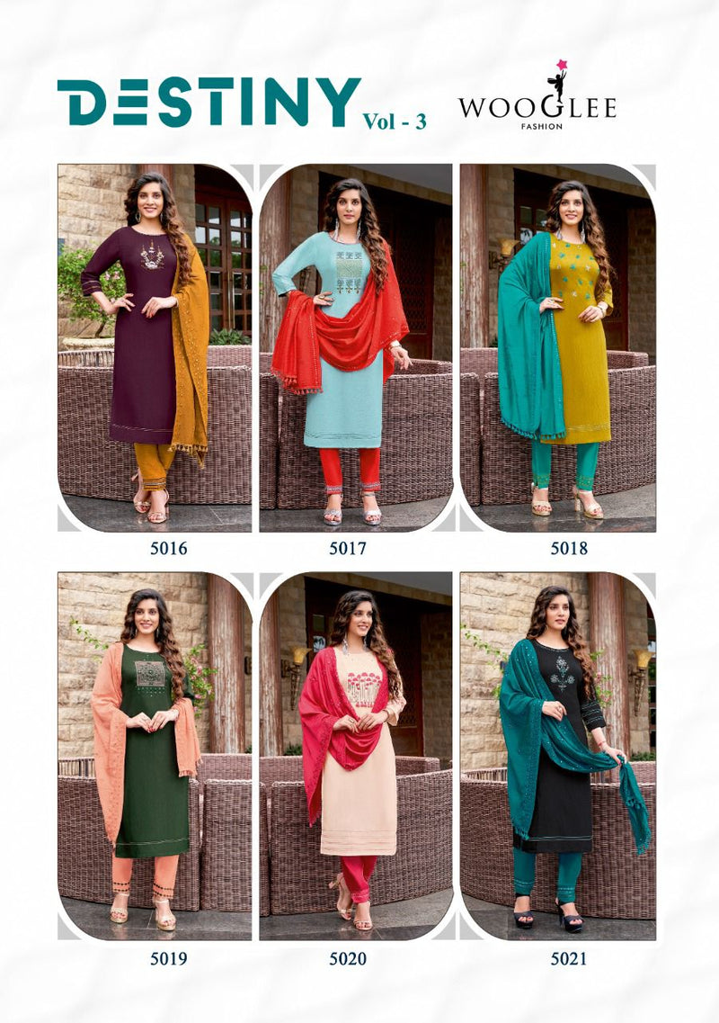 Wooglee Destiny Vol 3 Nylon Viscose Fancy Stylish Festive Wear Embroidered Kurtis With Set Of Dupatta & Bottom