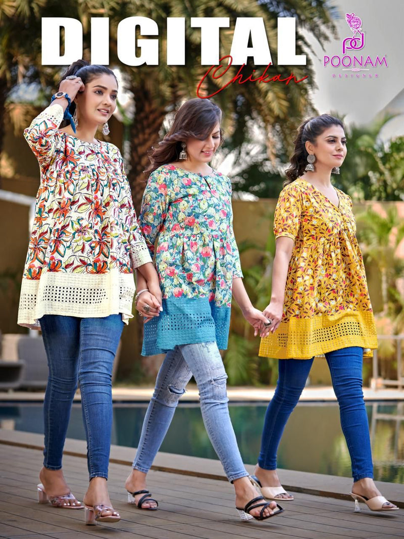 Poonam Designer Digital Chikan Pure Cotton Schiffli Work Printed Designer Kurti