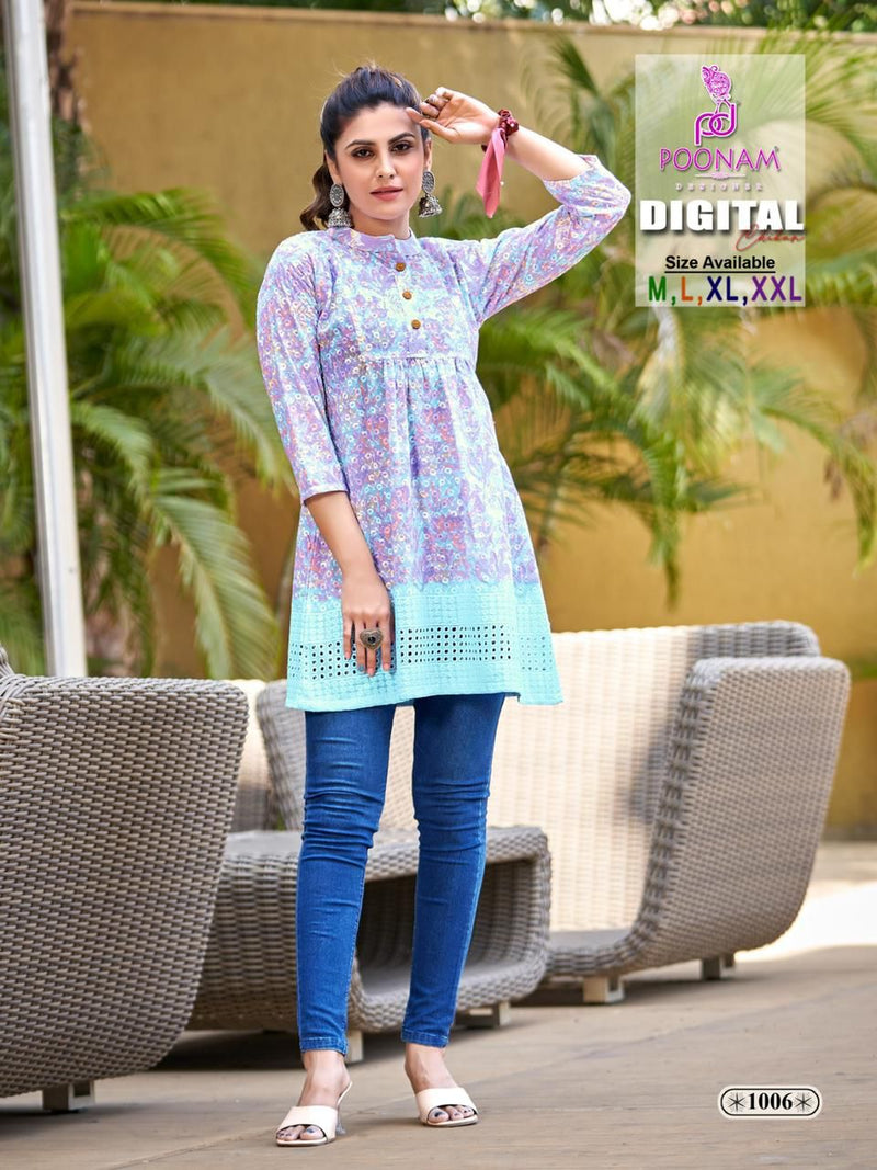 Poonam Designer Digital Chikan Pure Cotton Schiffli Work Printed Designer Kurti