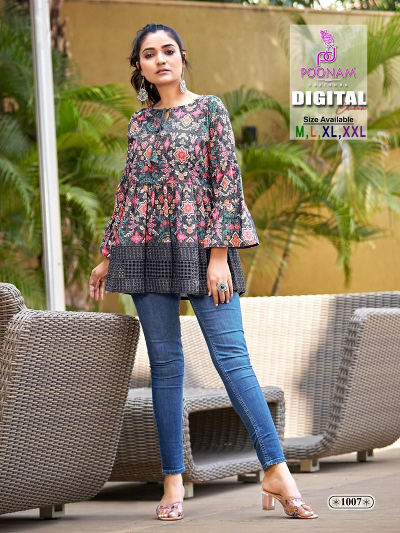 Poonam Designer Digital Chikan Pure Cotton Schiffli Work Printed Designer Kurti