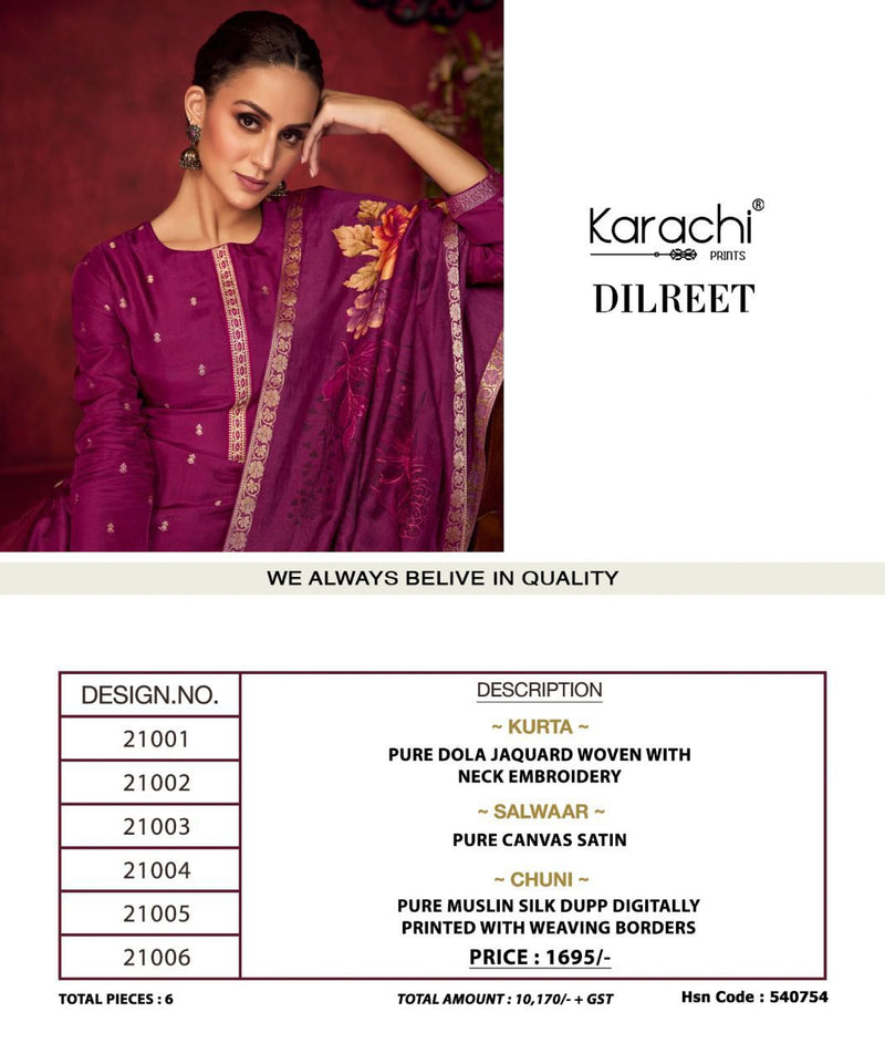 Karachi Dilreet Dola Jacquard Woven With Embroidery Work Stylish Designer Party Wear Salwar Suit