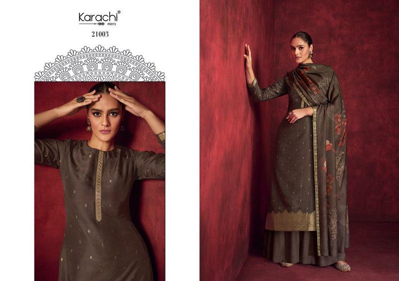 Karachi Dilreet Dola Jacquard Woven With Embroidery Work Stylish Designer Party Wear Salwar Suit