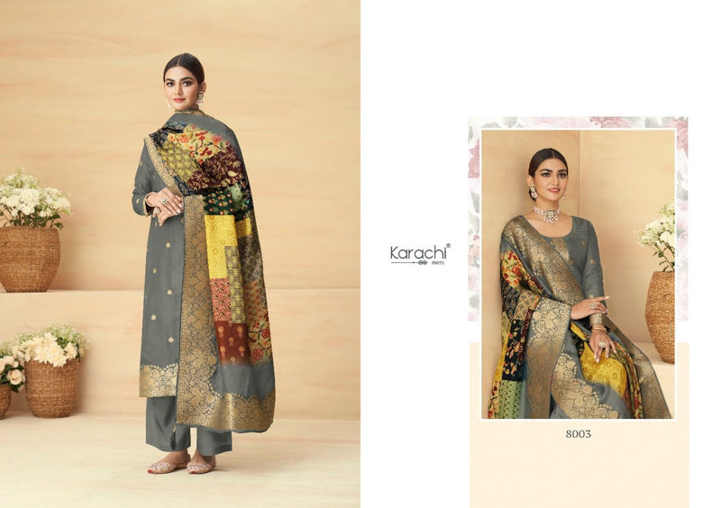Karachi Dno 8001 To 8006 Jacquard With embroidery Work Stylish Designer Party Wear Salwar Kameez