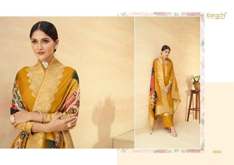 Karachi Dno 8001 To 8006 Jacquard With embroidery Work Stylish Designer Party Wear Salwar Kameez