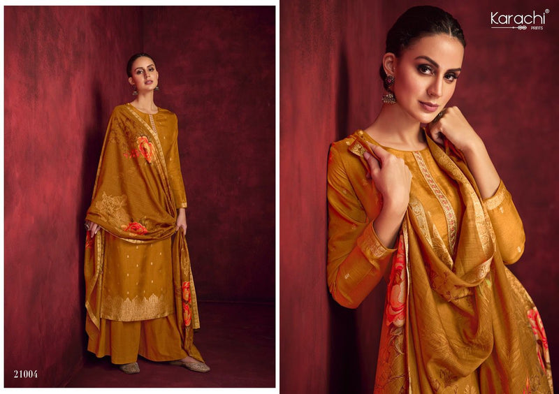Karachi Dilreet Dola Jacquard Woven With Embroidery Work Stylish Designer Party Wear Salwar Suit