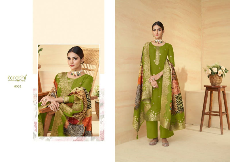 Karachi Dno 8001 To 8006 Jacquard With embroidery Work Stylish Designer Party Wear Salwar Kameez