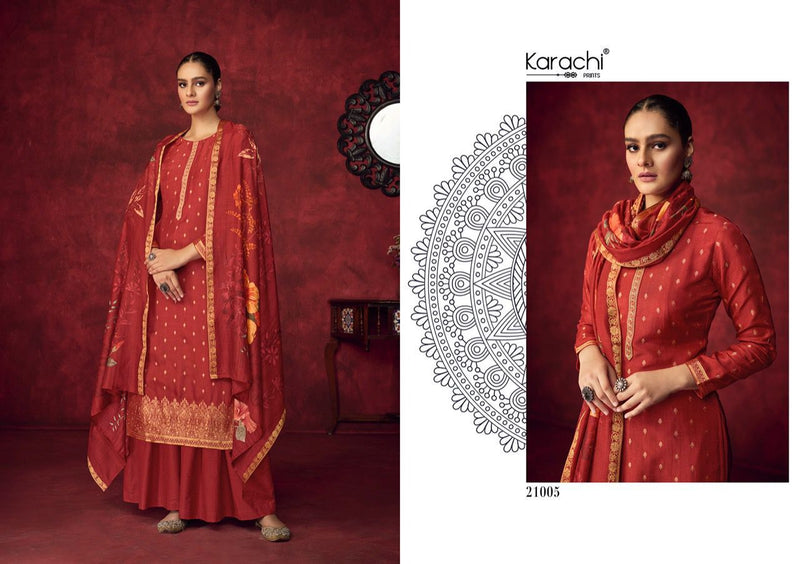 Karachi Dilreet Dola Jacquard Woven With Embroidery Work Stylish Designer Party Wear Salwar Suit