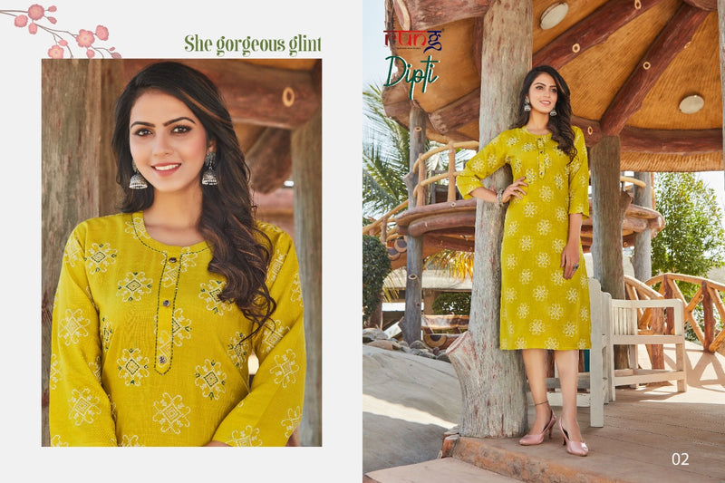 Rung Dipti Rayon Slub Printed Fancy Festive Wear Kurtis