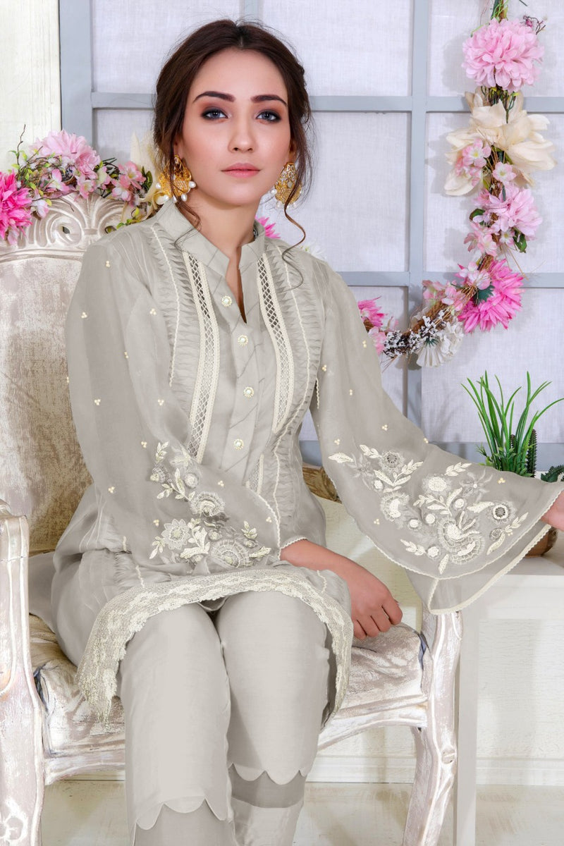 D No 1129 By Al Meera Gray Fox Georgette With With Embroidery Work Casual Wear Salwar Suits