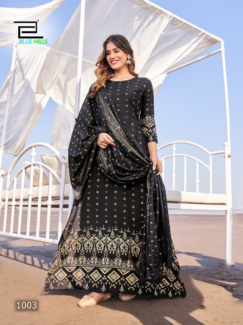 Blue Hills Dupatta Town Rayon With Foil Printed Work Stylish Designer Long Kurti