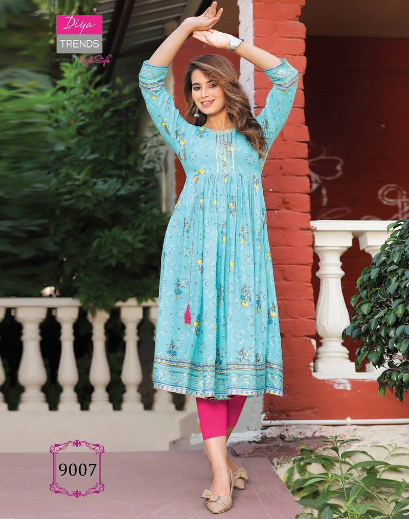 Diya Trends Ethnicity Vol 9 Rayon Fancy Embroidery Work Classy Wear Kurtis