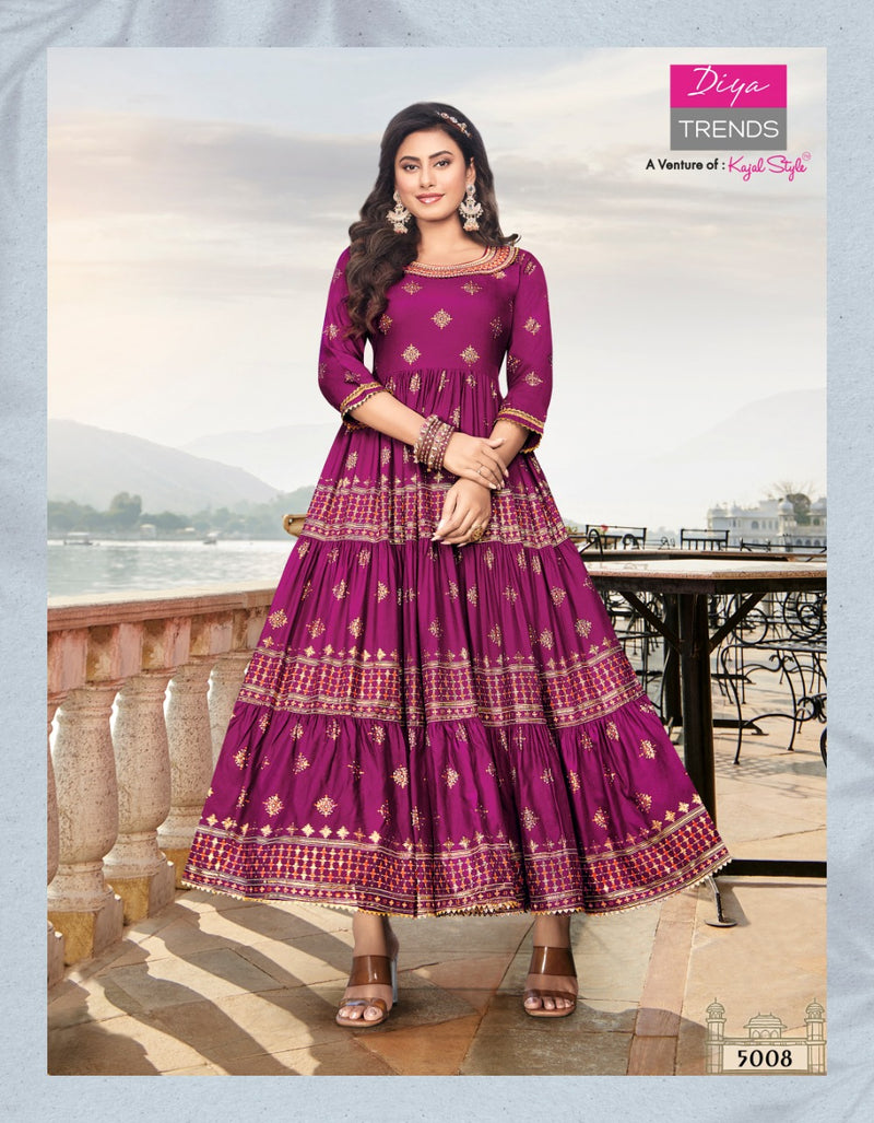 Diya Trends Groom Vol 5 Classy Rayon Gold Print Fancy Embroidered Work Kurti