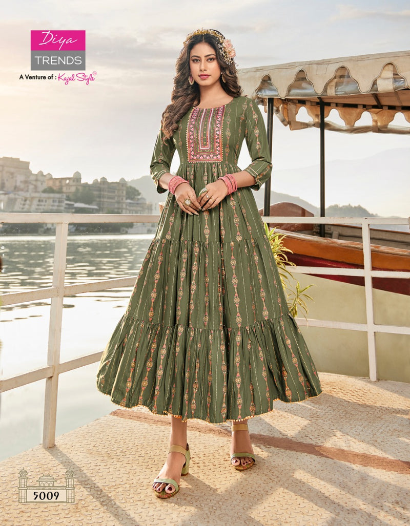 Diya Trends Groom Vol 5 Classy Rayon Gold Print Fancy Embroidered Work Kurti