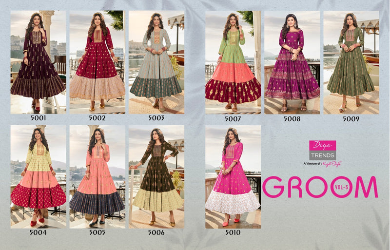 Diya Trends Groom Vol 5 Classy Rayon Gold Print Fancy Embroidered Work Kurti