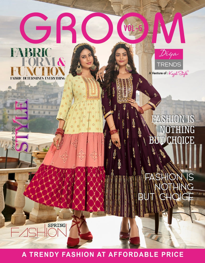 Diya Trends Groom Vol 5 Classy Rayon Gold Print Fancy Embroidered Work Kurti