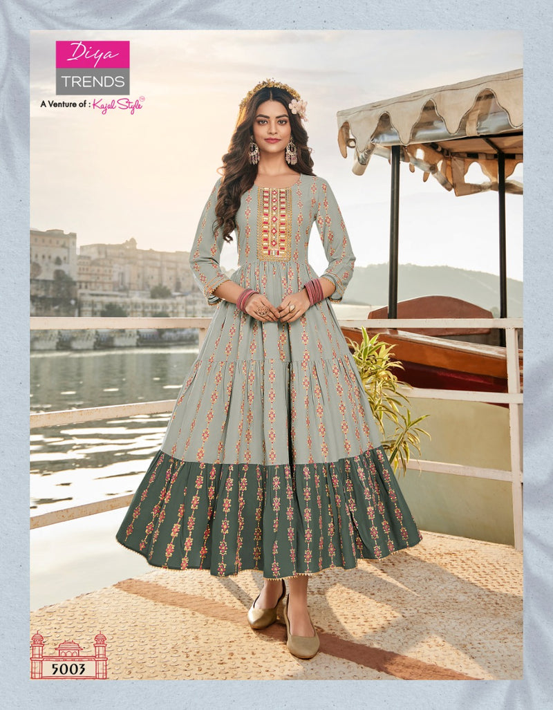 Diya Trends Groom Vol 5 Classy Rayon Gold Print Fancy Embroidered Work Kurti