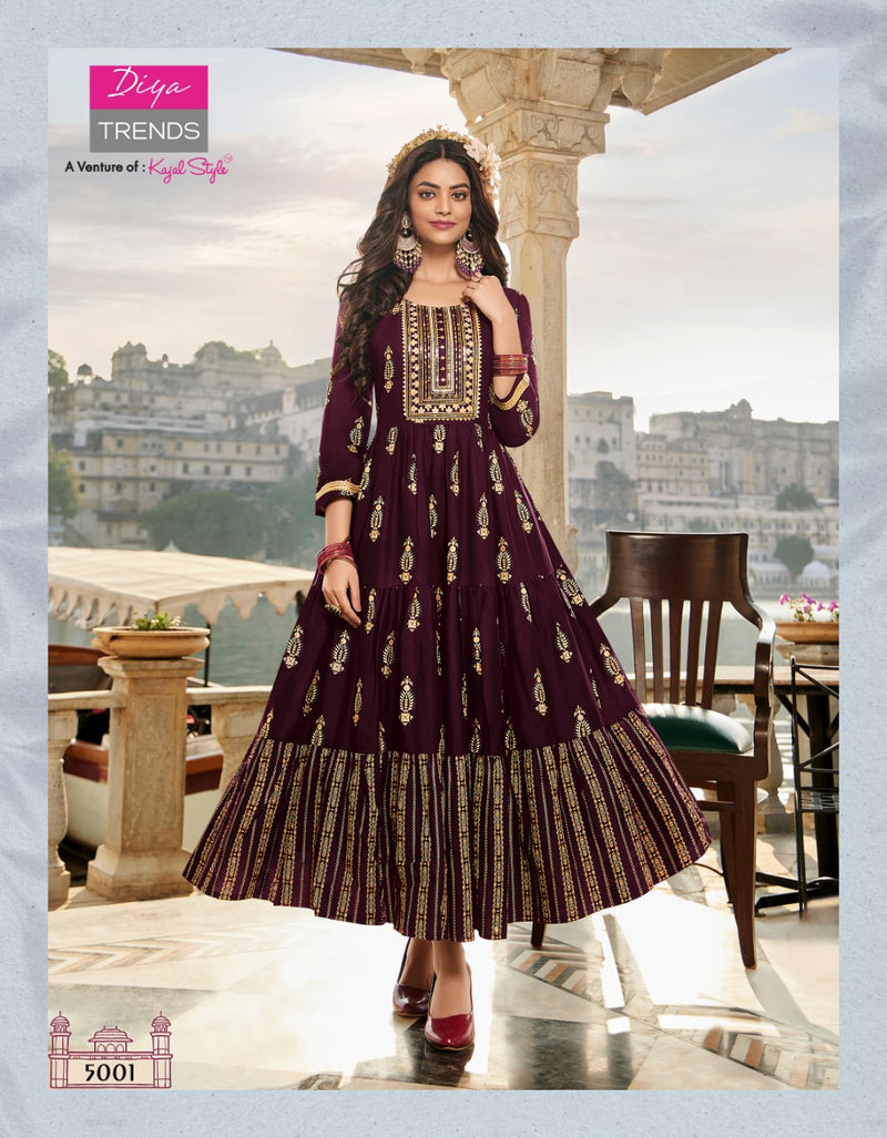 Diya Trends Groom Vol 5 Classy Rayon Gold Print Fancy Embroidered Work Kurti