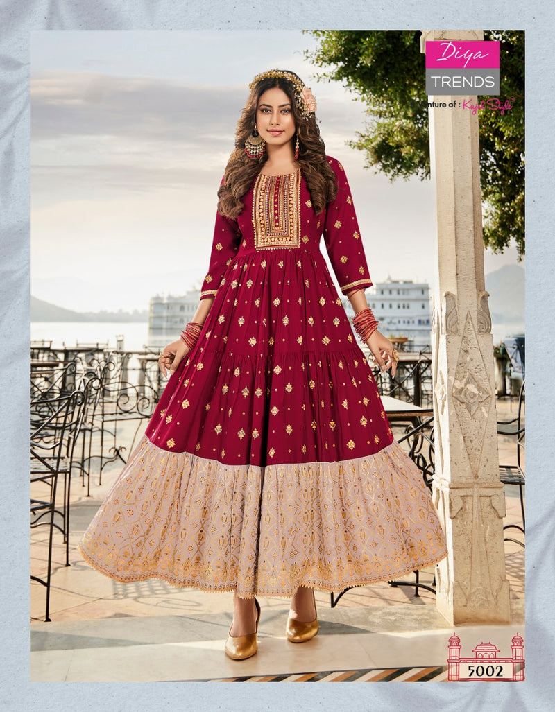 Diya Trends Groom Vol 5 Classy Rayon Gold Print Fancy Embroidered Work Kurti