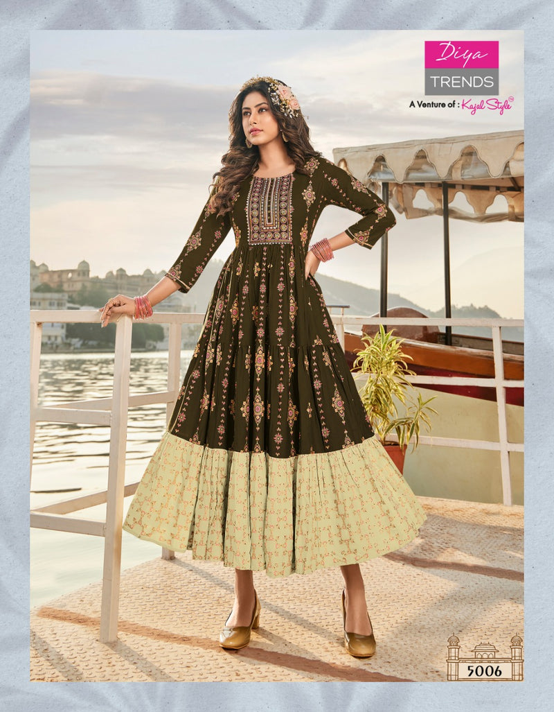 Diya Trends Groom Vol 5 Classy Rayon Gold Print Fancy Embroidered Work Kurti