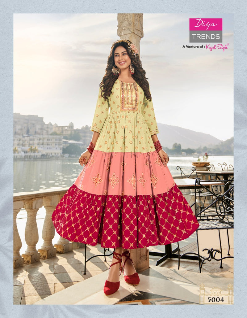Diya Trends Groom Vol 5 Classy Rayon Gold Print Fancy Embroidered Work Kurti