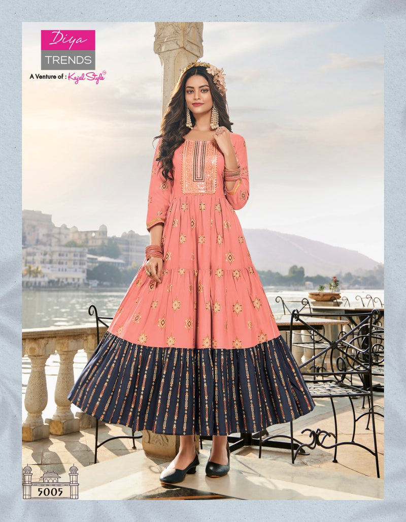 Diya Trends Groom Vol 5 Classy Rayon Gold Print Fancy Embroidered Work Kurti
