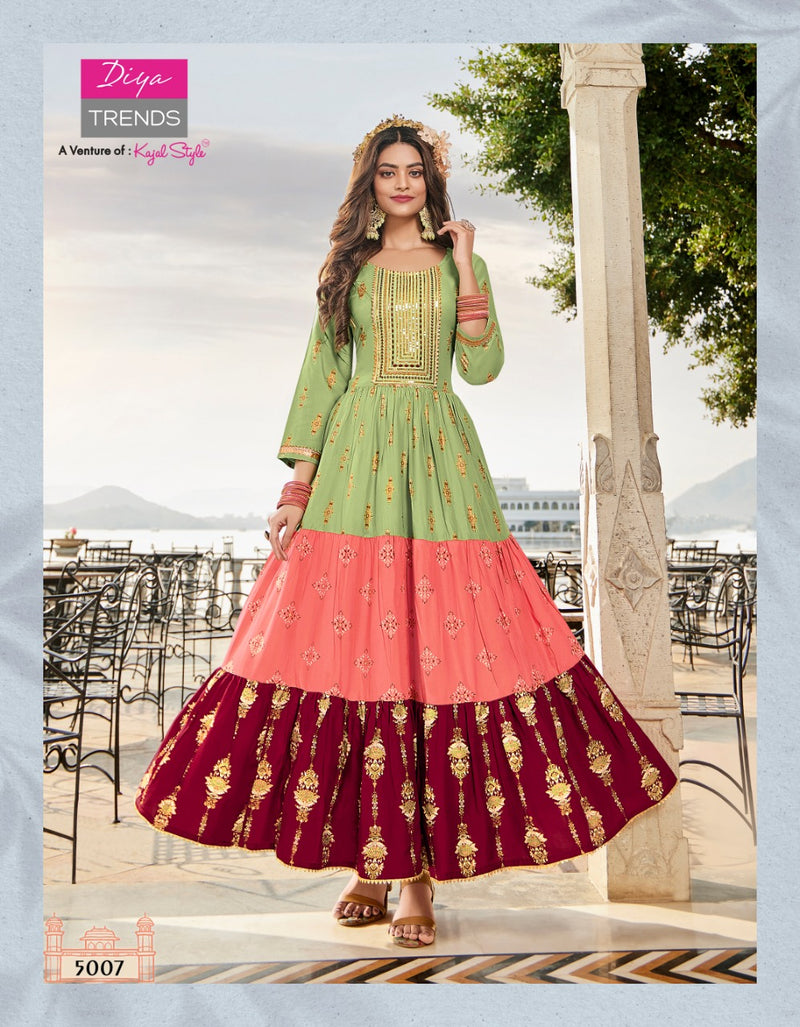 Diya Trends Groom Vol 5 Classy Rayon Gold Print Fancy Embroidered Work Kurti