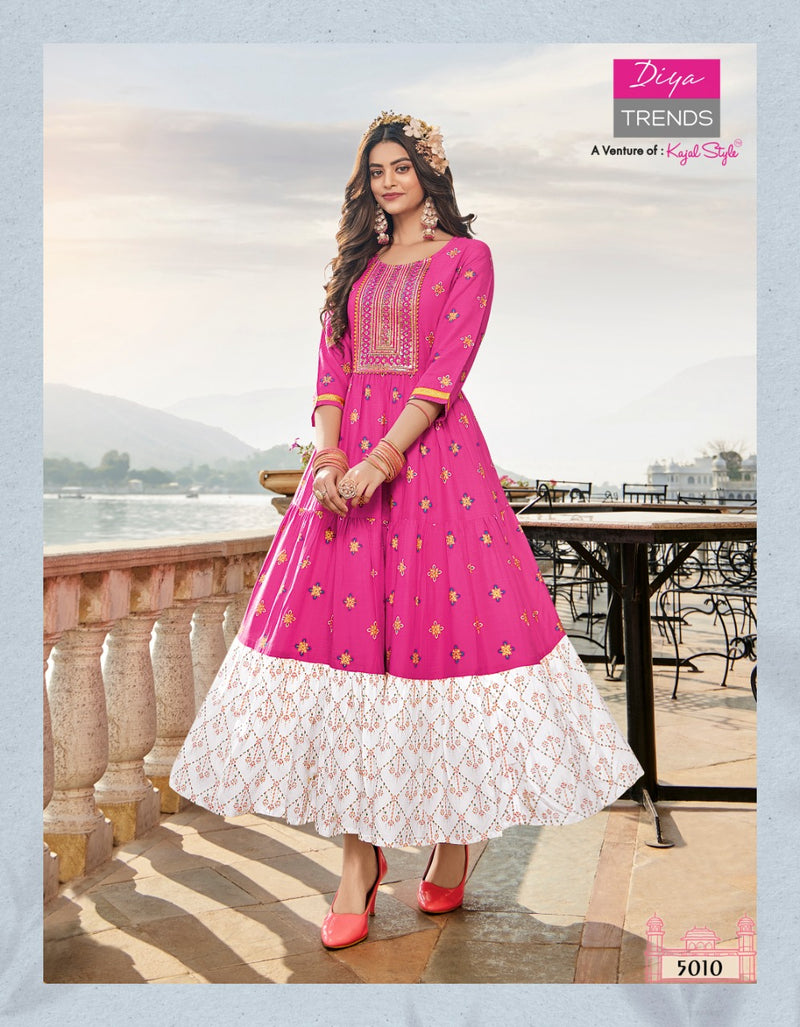Diya Trends Groom Vol 5 Classy Rayon Gold Print Fancy Embroidered Work Kurti