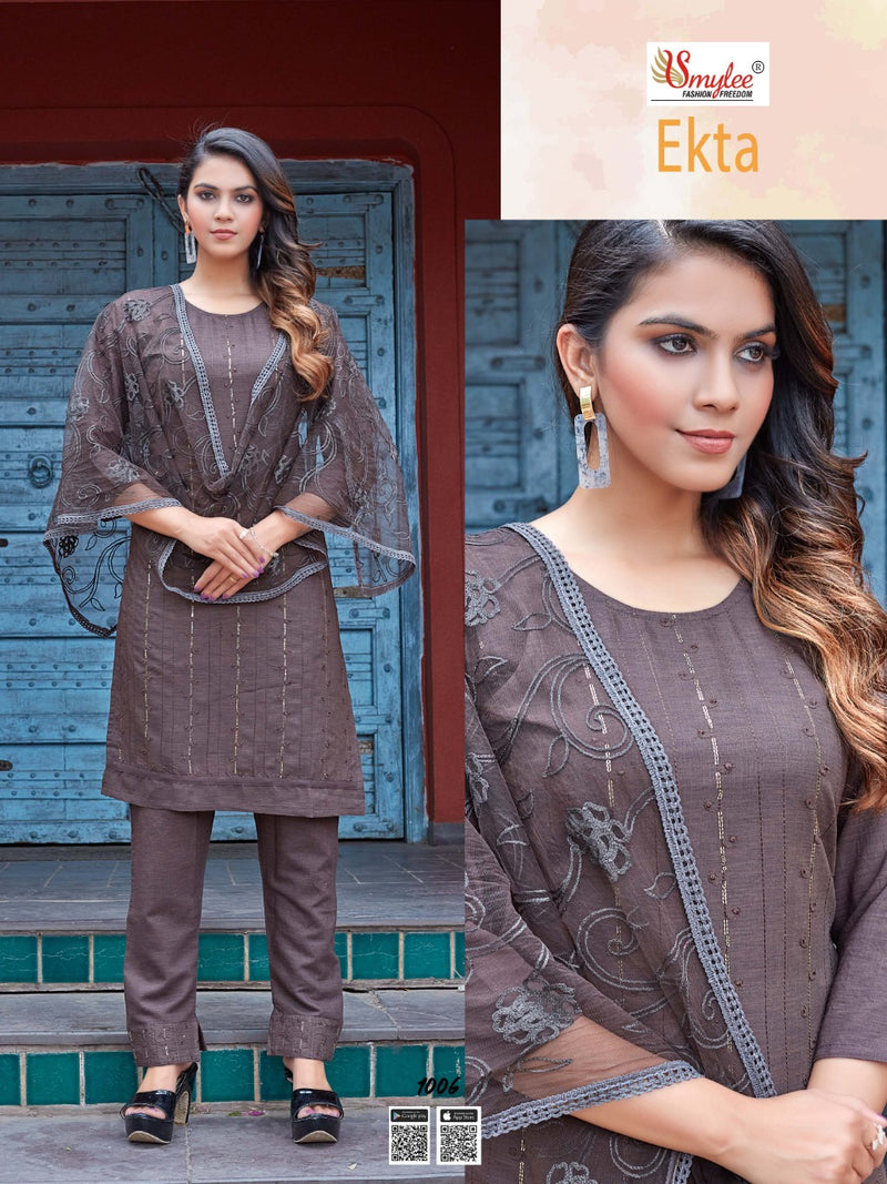 Smylee Fashion Ekta Rayon Fancy Designer Embroidered Kurtis With Pant Style  Bottom & Dupatta