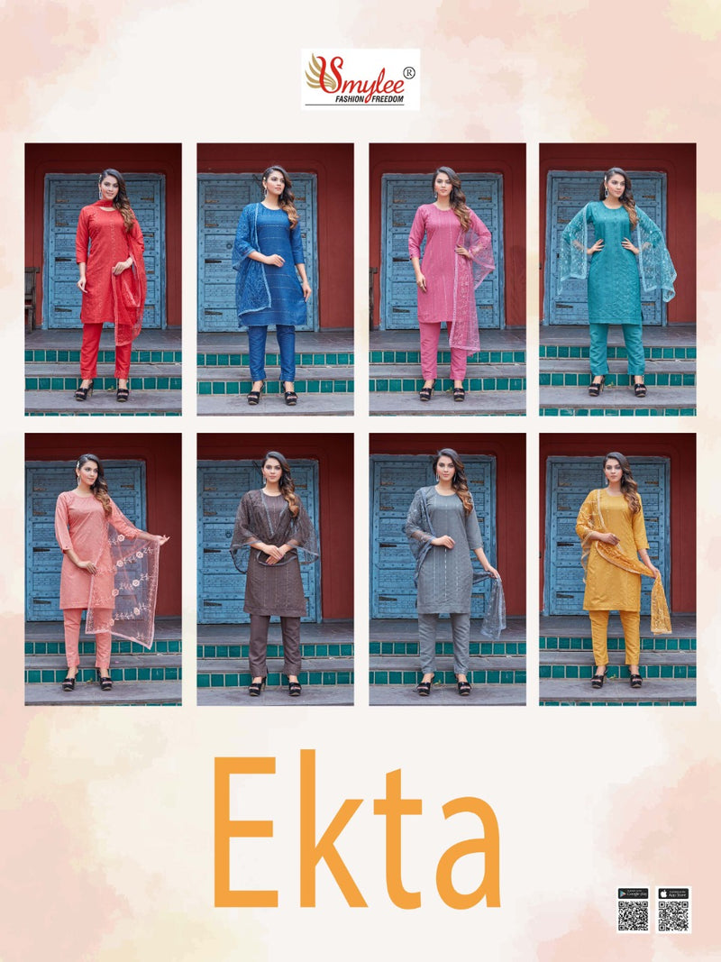 Smylee Fashion Ekta Rayon Fancy Designer Embroidered Kurtis With Pant Style  Bottom & Dupatta