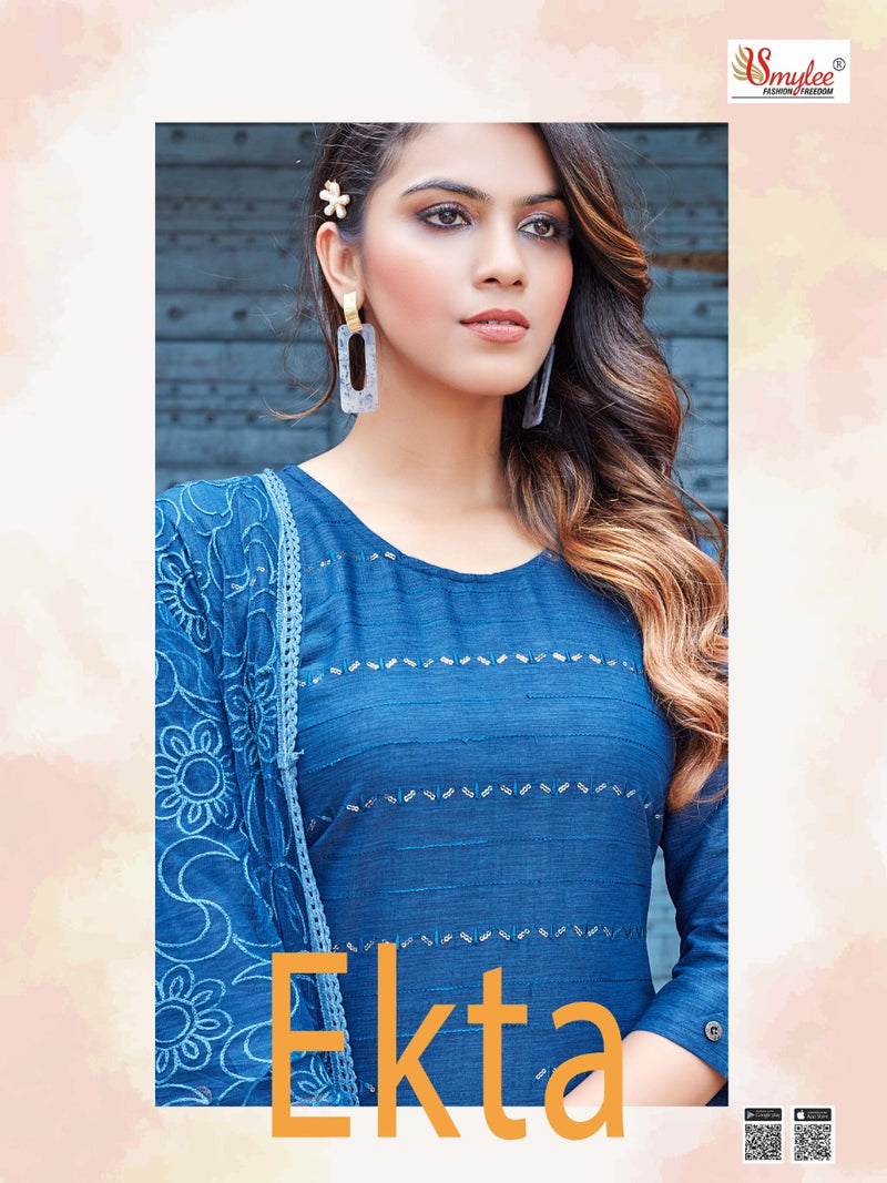 Smylee Fashion Ekta Rayon Fancy Designer Embroidered Kurtis With Pant Style  Bottom & Dupatta