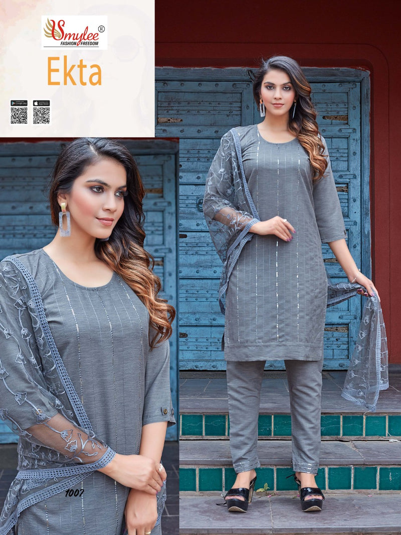 Smylee Fashion Ekta Rayon Fancy Designer Embroidered Kurtis With Pant Style  Bottom & Dupatta