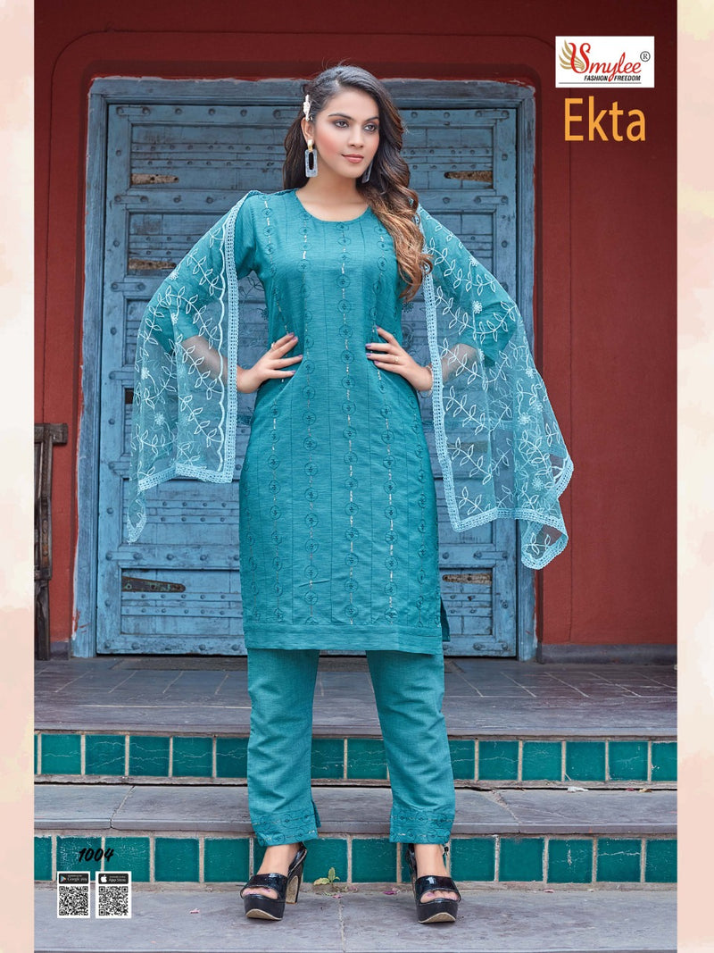 Smylee Fashion Ekta Rayon Fancy Designer Embroidered Kurtis With Pant Style  Bottom & Dupatta
