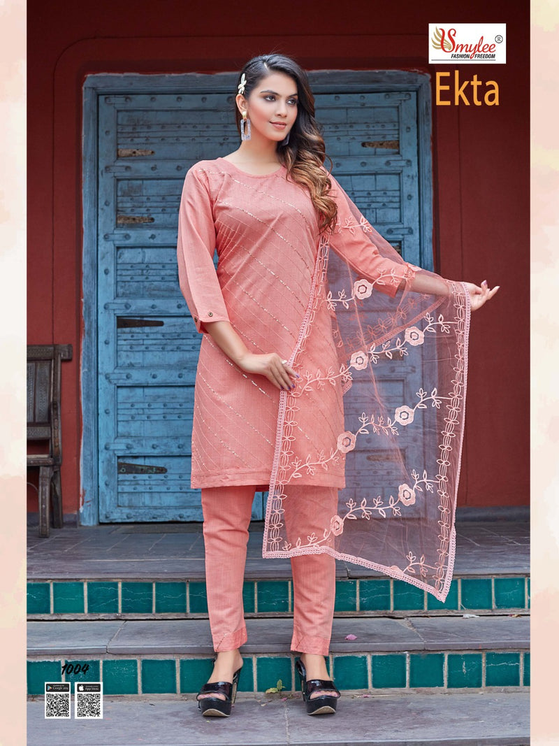Smylee Fashion Ekta Rayon Fancy Designer Embroidered Kurtis With Pant Style  Bottom & Dupatta