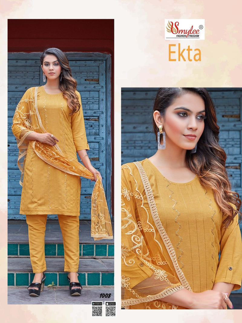 Smylee Fashion Ekta Rayon Fancy Designer Embroidered Kurtis With Pant Style  Bottom & Dupatta