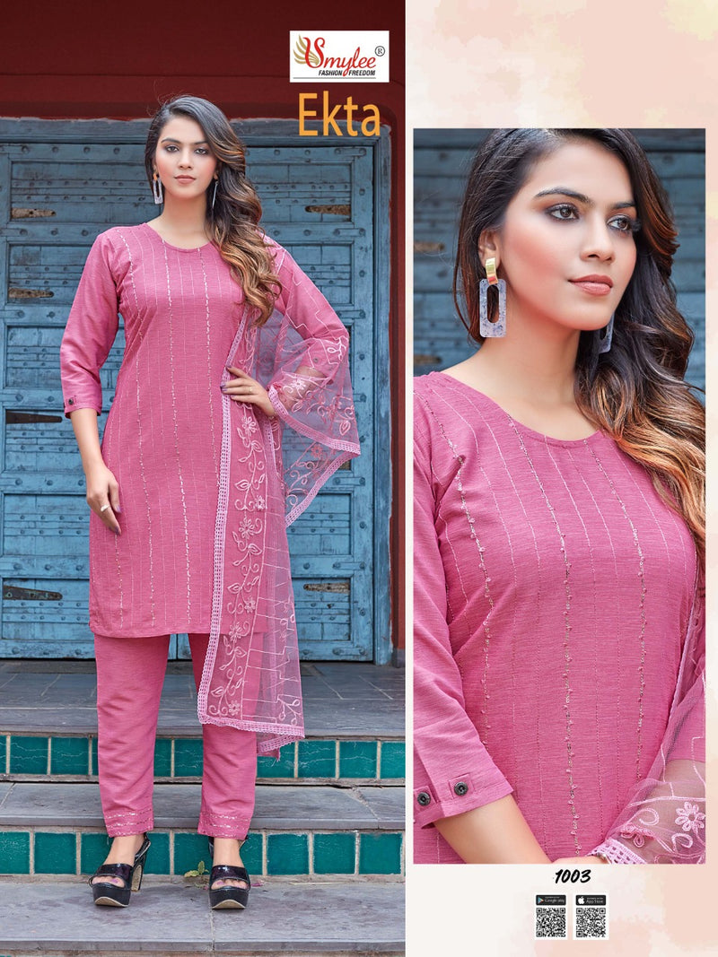 Smylee Fashion Ekta Rayon Fancy Designer Embroidered Kurtis With Pant Style  Bottom & Dupatta