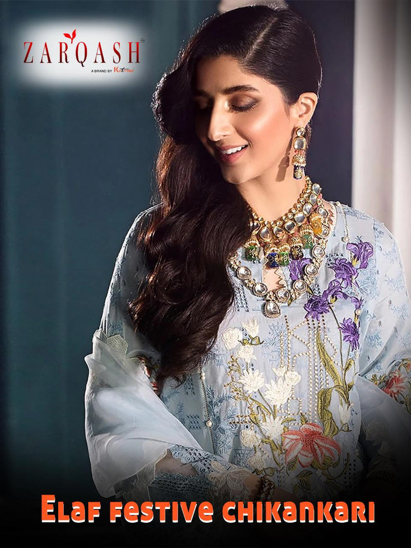 Zarqash Elaf Festive Chikankari Cotton Embroidered Pakistani Style Party Wear Salwar Suits