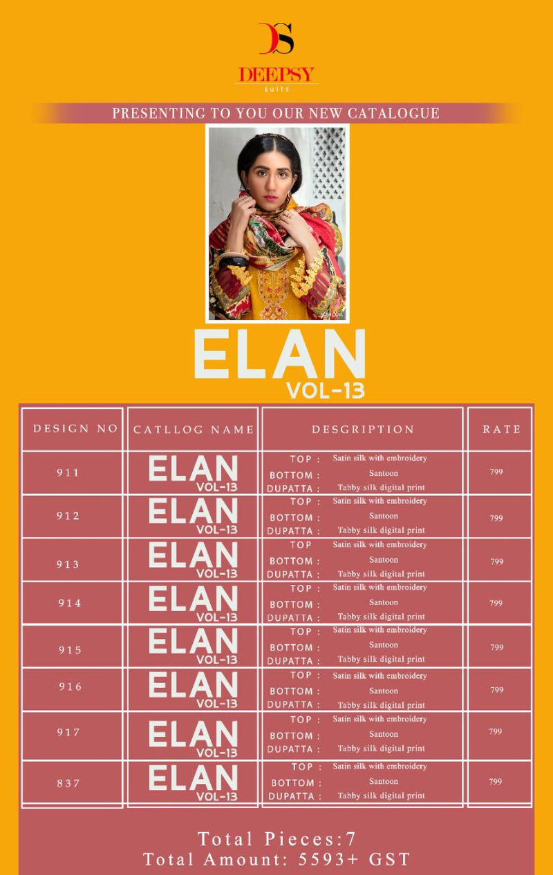 Deepsy Suit Elan Vol 13 Satin Silk With Embroidery Work Stylish Designer Pakistani Salwar Kameez