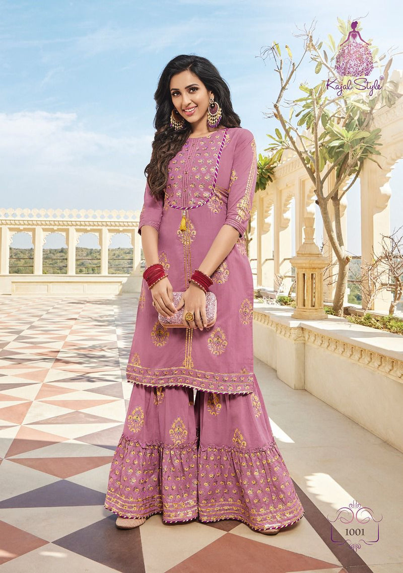 Kajal Style Eliza Vol 1 Cotton Embroidered Party Wear  Kurtis With Sharara Bottom