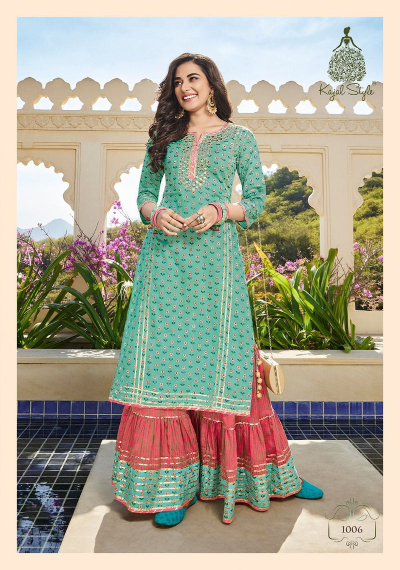 Kajal Style Eliza Vol 1 Cotton Embroidered Party Wear  Kurtis With Sharara Bottom