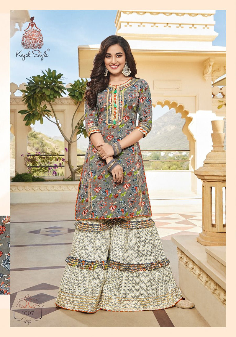 Kajal Style Eliza Vol 1 Cotton Embroidered Party Wear  Kurtis With Sharara Bottom