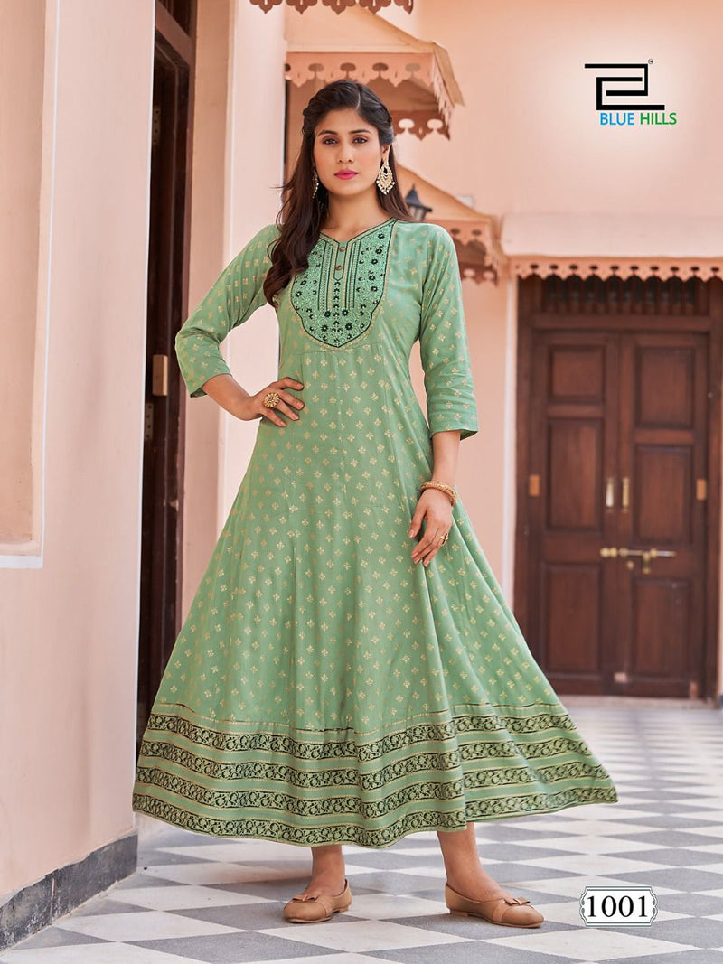 Blue Hills Encounter Rayon Foil Print Anarkali Gown With Embroidery Work Stylish Designer Casual Kurti
