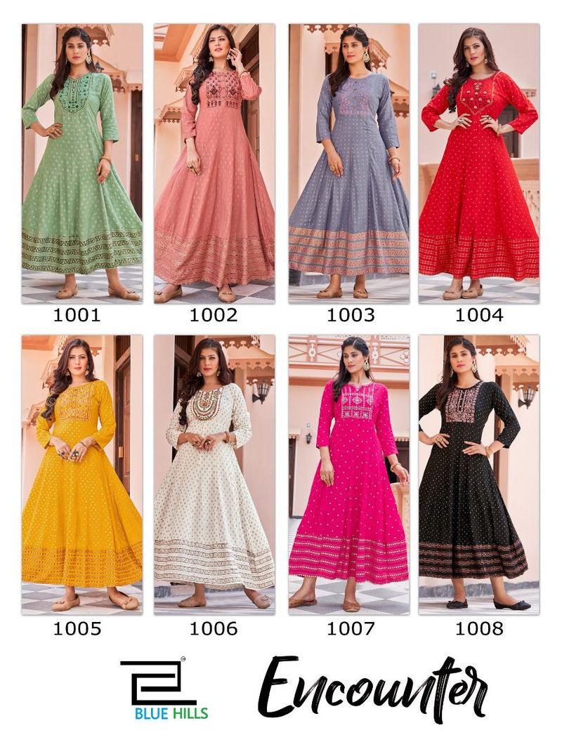 Blue Hills Encounter Rayon Foil Print Anarkali Gown With Embroidery Work Stylish Designer Casual Kurti