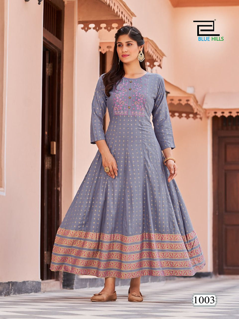 Blue Hills Encounter Rayon Foil Print Anarkali Gown With Embroidery Work Stylish Designer Casual Kurti