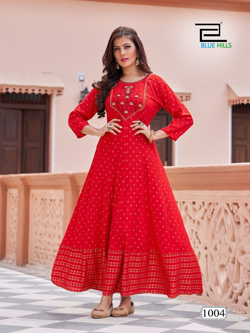 Blue Hills Encounter Rayon Foil Print Anarkali Gown With Embroidery Work Stylish Designer Casual Kurti
