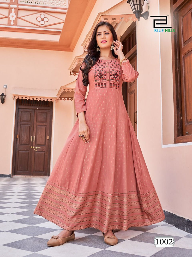 Blue Hills Encounter Rayon Foil Print Anarkali Gown With Embroidery Work Stylish Designer Casual Kurti
